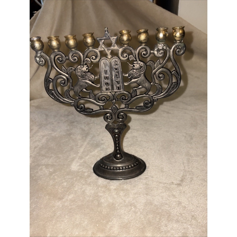 VTG-Nine Arm Candlestick Judaica Hanukkah Menorah 1970s Godinger Brass  9" FLAWS